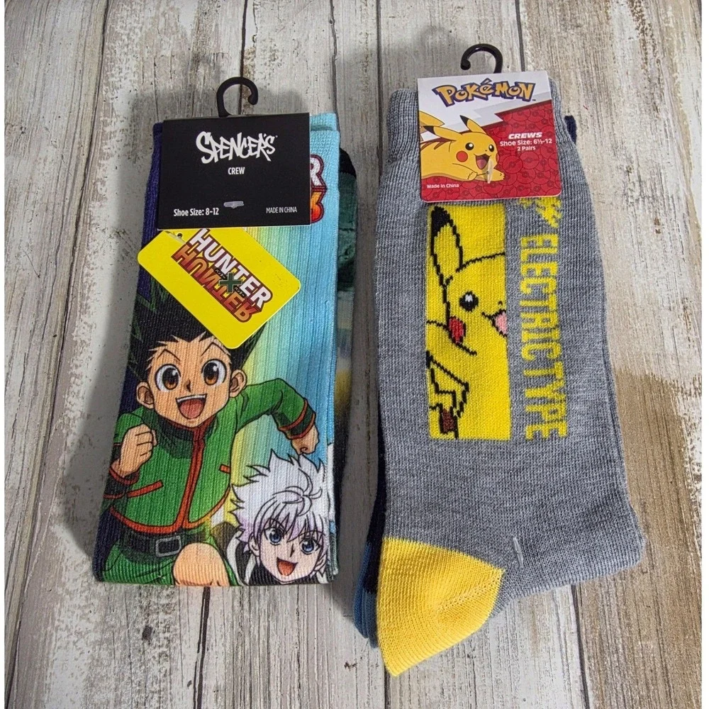 Pokemon Hunter x Hunter Anime Crew Socks Bundle 2 Pairs Pikachu Squirtle Gon NEW